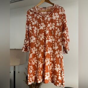 Simply Noelle Terracotta Floral Long Sleeve Dress with Hood and Button up sleeve
